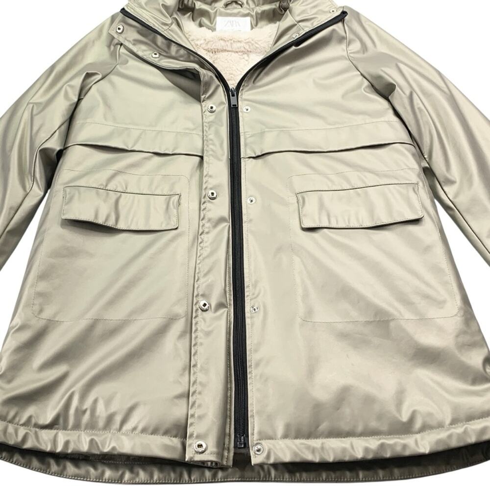 Zara Kids Matte Gold Rubberized Hooded Raincoat Parka Jacket 11 12 Sherpa Fleece - Picture 3 of 9